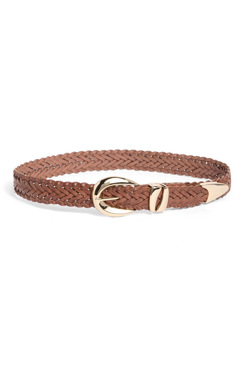 Sculptural Buckle Woven Leather Belt, Main, color, VACHETTA