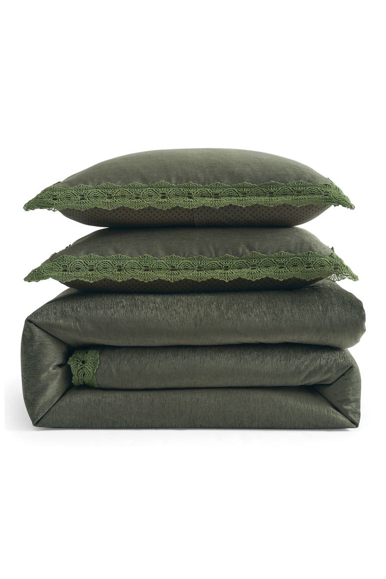 Chenille Lace Trim Duvet Cover & Pillow Shams Set, Main, color, FOREST GREEN