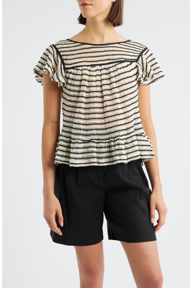 Ruffle Open Stitch Short Sleeve Sweater, Main, color, CREAM/ BLACK