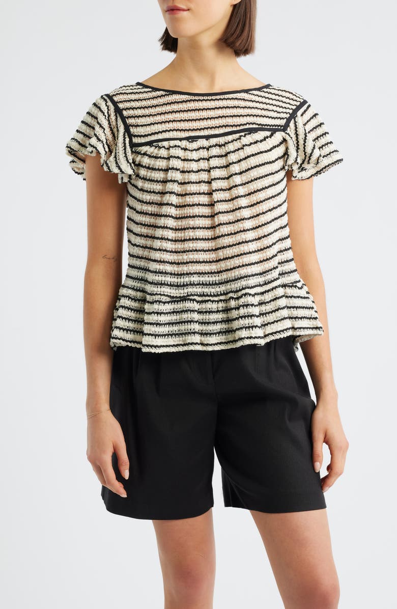 Bobeau Ruffle Open Stitch Short Sleeve Sweater, Main, color, Cream/ Black