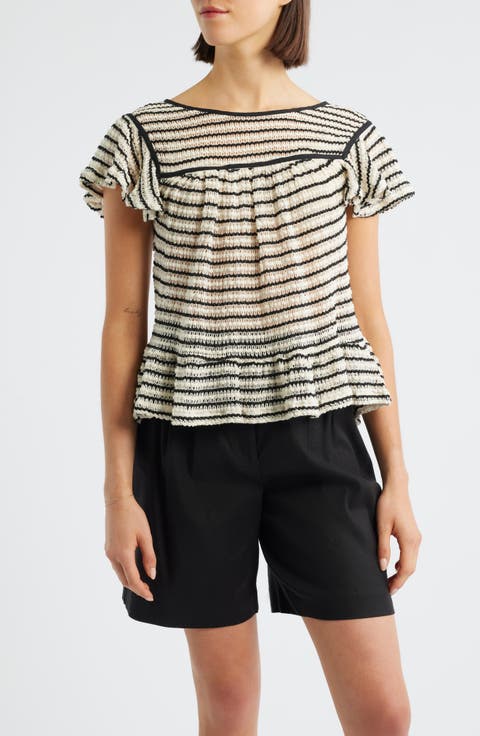 Ruffle Open Stitch Short Sleeve Sweater