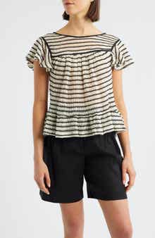 Bobeau Ruffle Open Stitch Short Sleeve Sweater