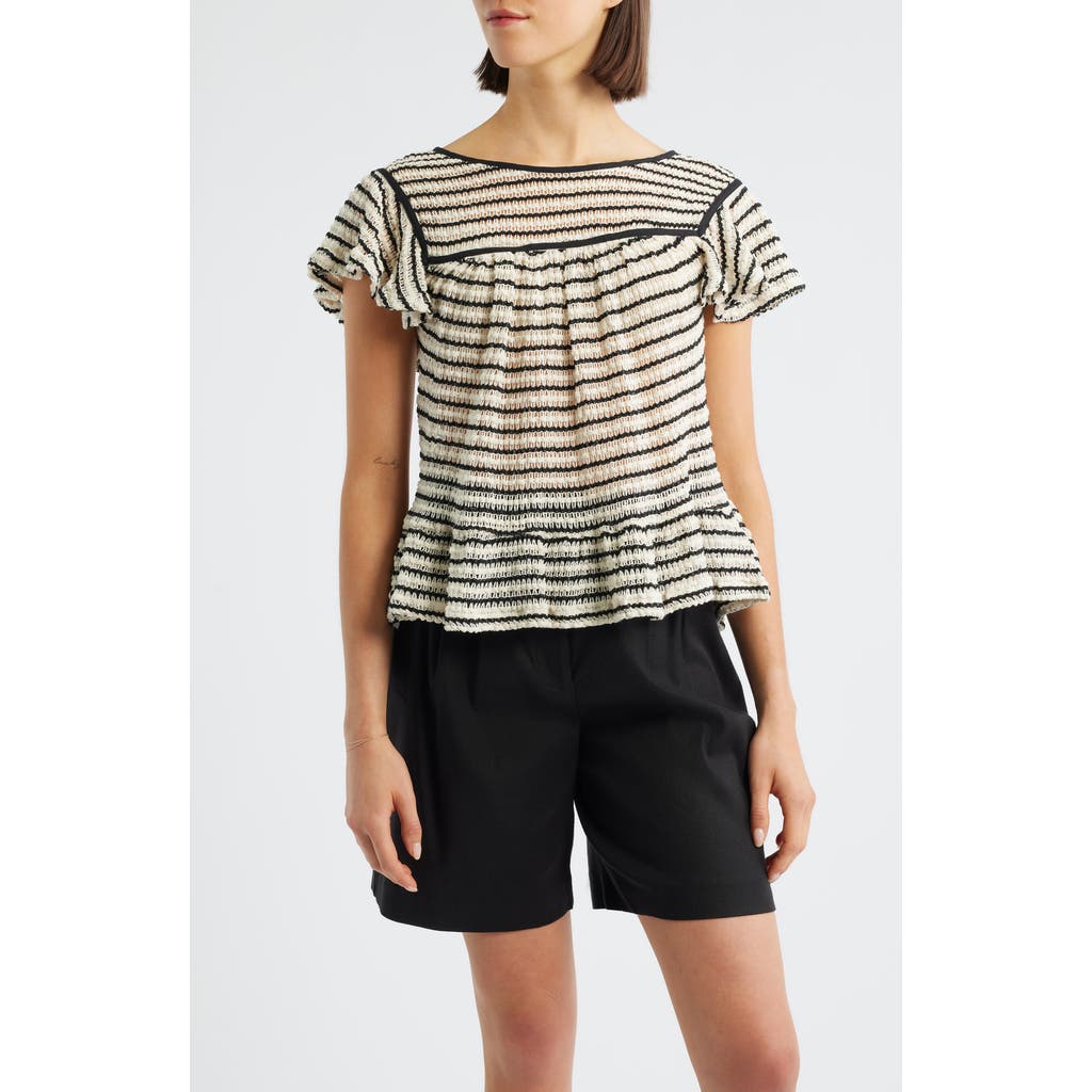 Bobeau Ruffle Open Stitch Short Sleeve Sweater In Multi
