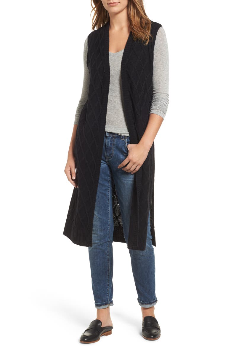 Cable Stitch Long Sweater Vest, Main, color, BLACK
