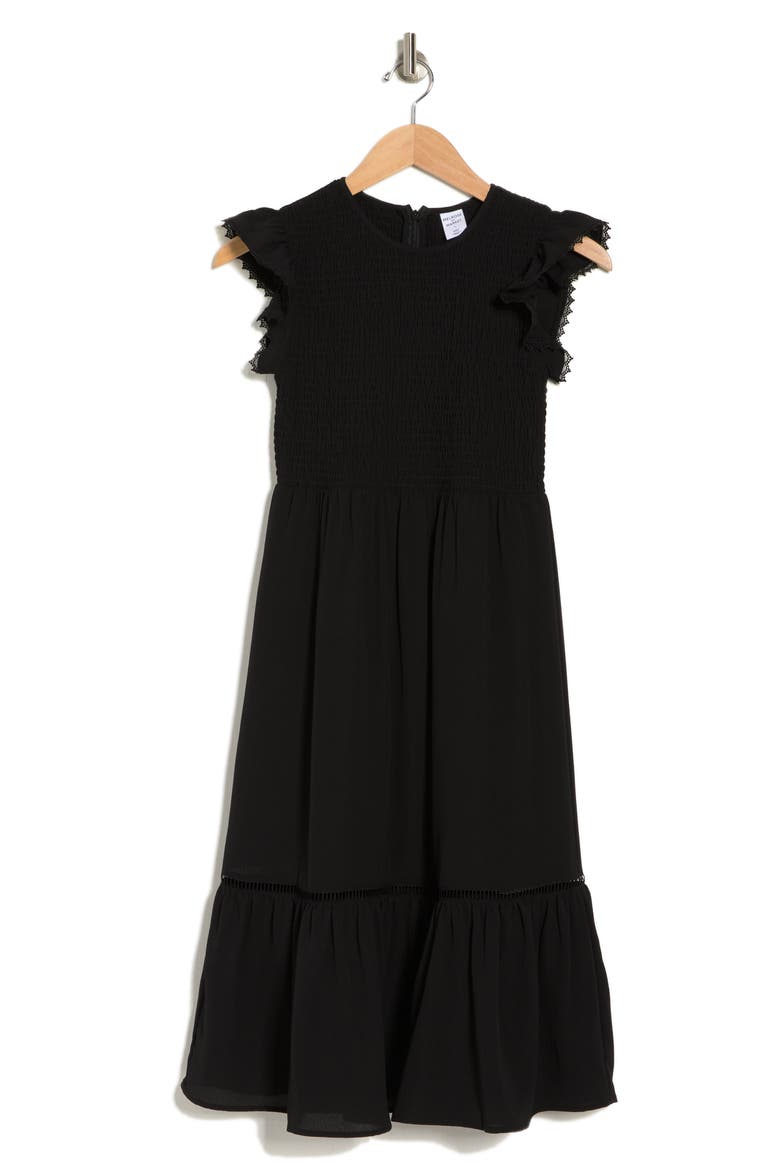 Smocked Flutter Sleeve Midi Dress, Alternate, color, BLACK