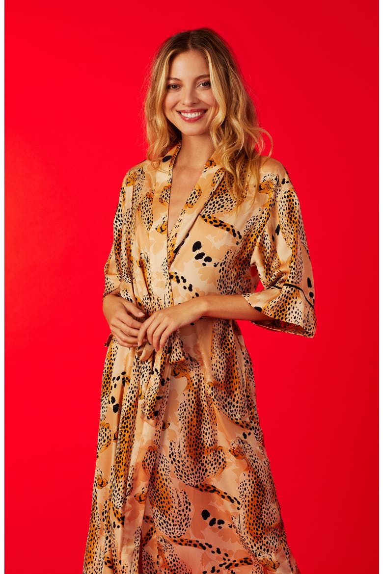 Satin Robe (Nordstrom Exclusive), Alternate, color, TAN/ FLOR