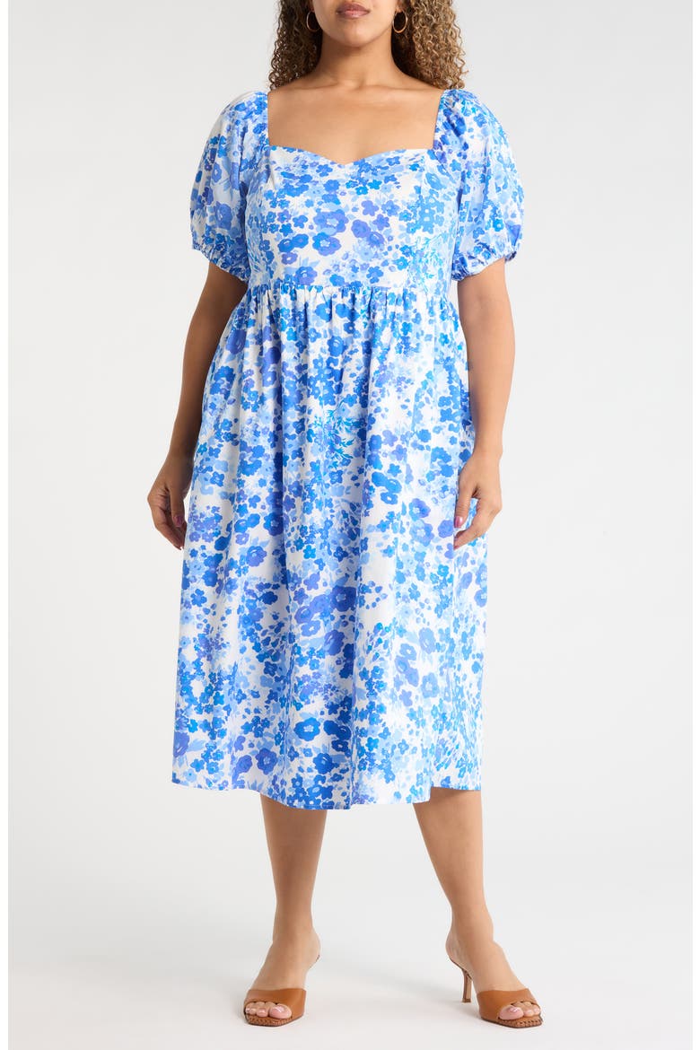 Carli Floral Print Midi Dress, Main, color, WHITE-BLUES-MULTI