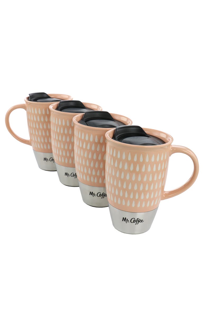 Mr. Coffee Coupleton Teardrop 4 Piece 15 Ounce Stoneware and Stainless Steel Travel Mug Set with Lid, Main, color, Pink