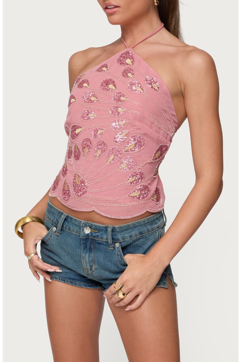 Beaded Sequin Open Back Halter Top, Alternate, color, PINK