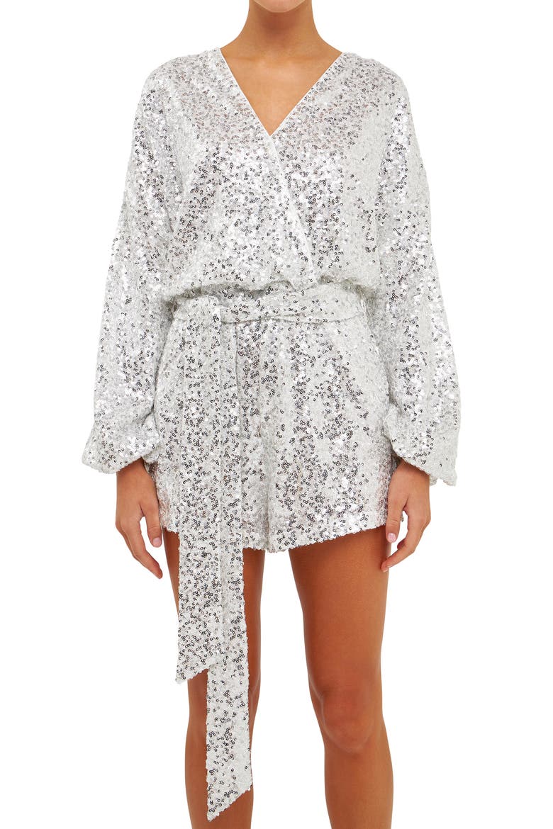 Long Sleeve Sequin Romper, Alternate, color, WHITE