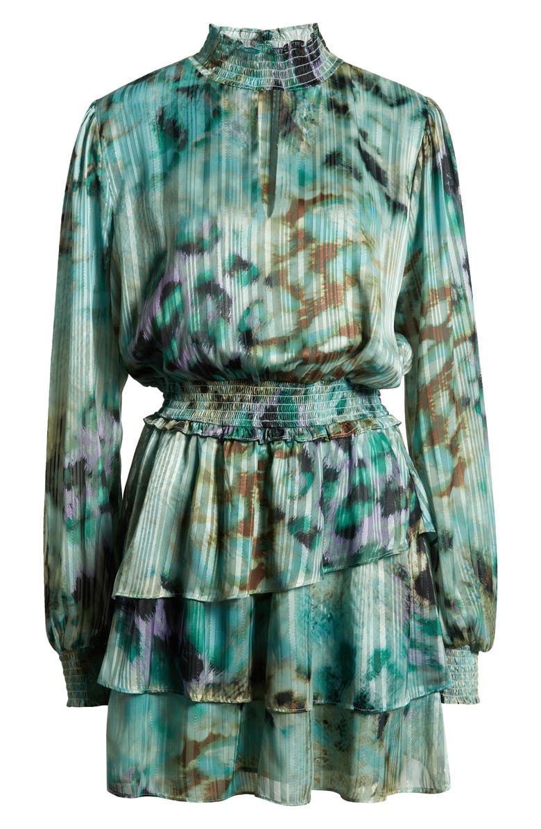 Socialite Print Metallic Smocked Long Sleeve Minidress, Alternate, color,