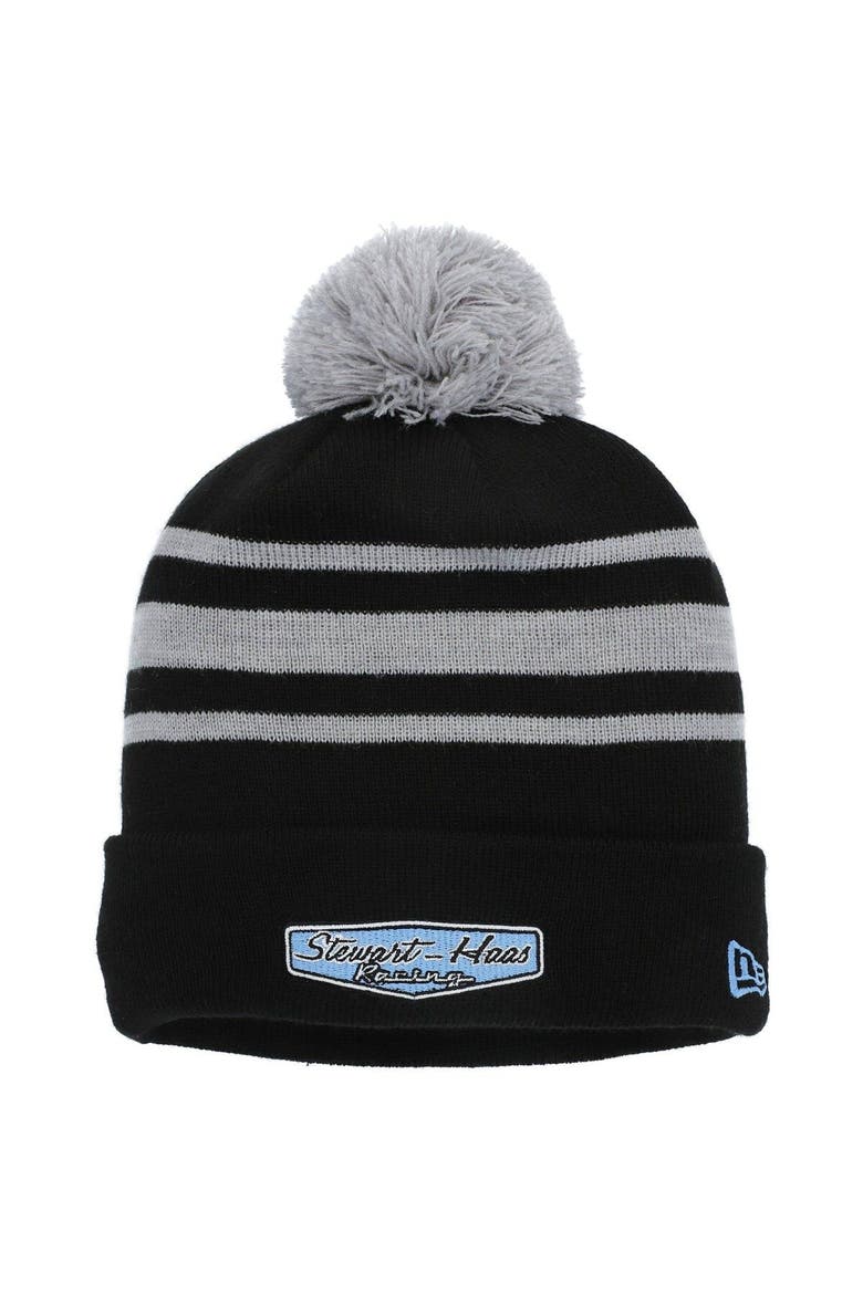 Men's New Era Black Stewart-Haas Racing Cuffed Knit Hat with Pom, Main, color, Black