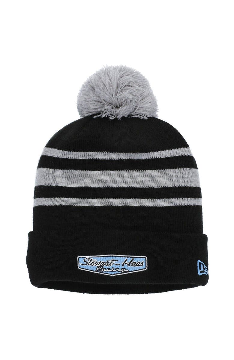 New Era Men's New Era Black Stewart-Haas Racing Cuffed Knit Hat with Pom, Main, color,