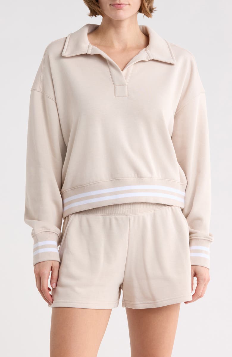 90 DEGREE BY REFLEX Johnny Collar French Terry Sweatshirt, Main, color, Mist Sand-White Dove