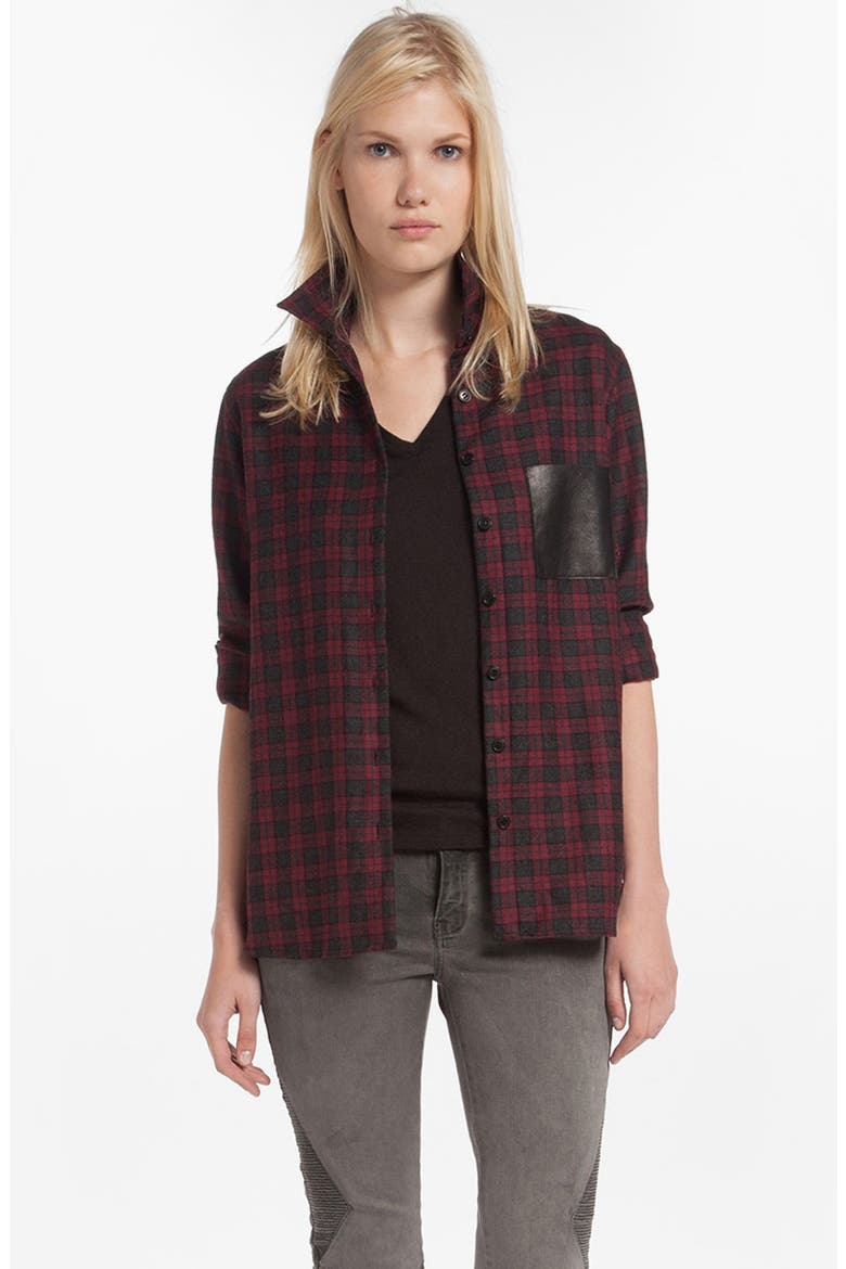 'Danette' Leather Pocket Plaid Shirt, Main, color, ROUGE