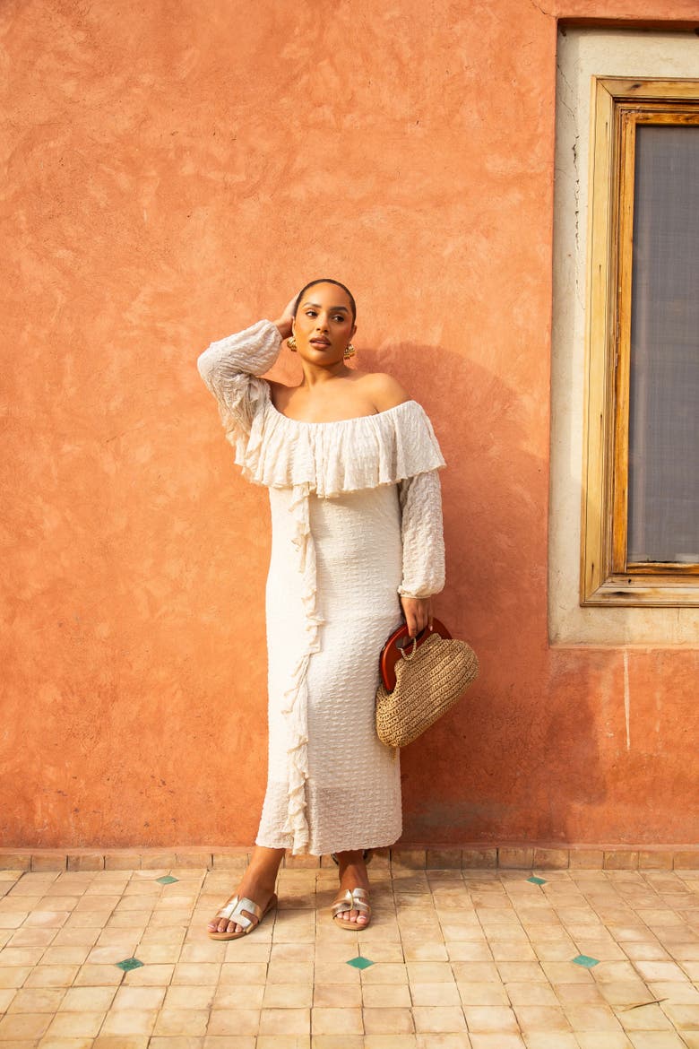 Ruffle Bardot Dress, Alternate, color, Beige