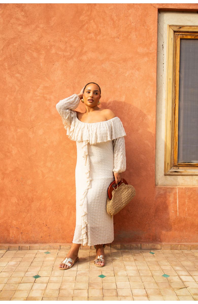 FASHION-SZN CURVE Ruffle Bardot Dress, Alternate, color, Beige