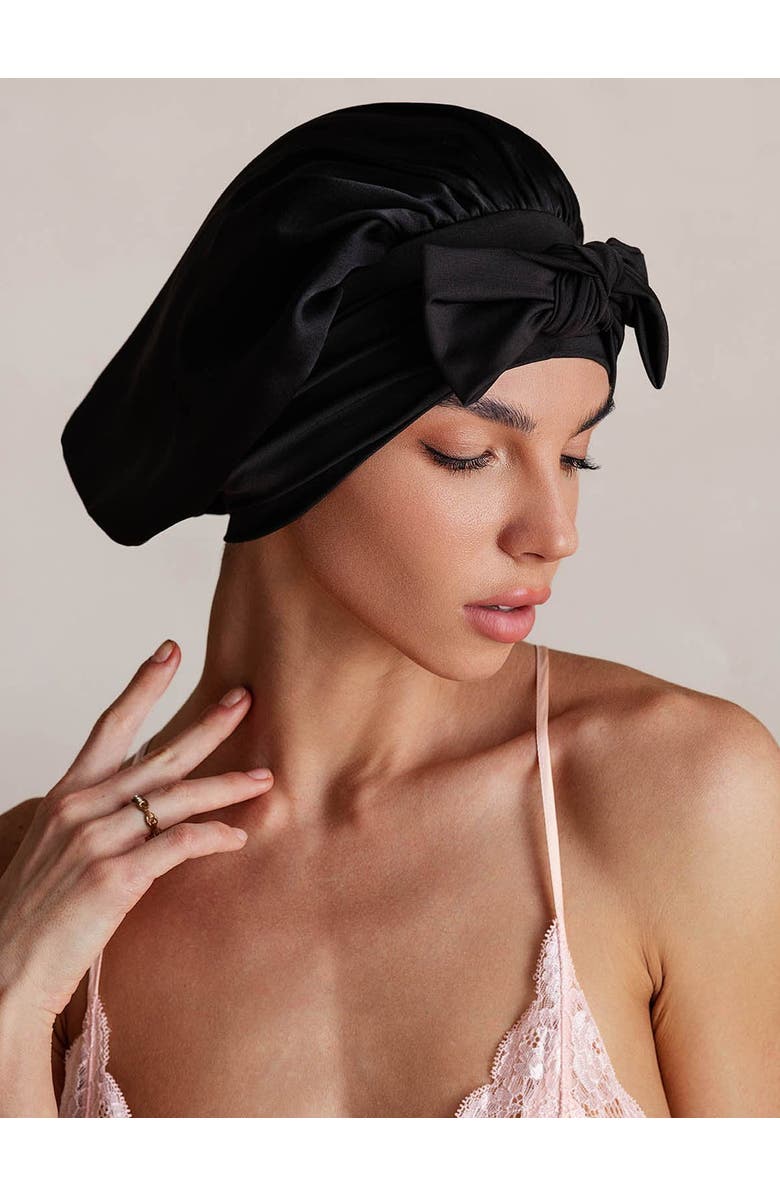 SILKSILKY Pure Silk Bowknot Tie Bonnet, Alternate, color, Black