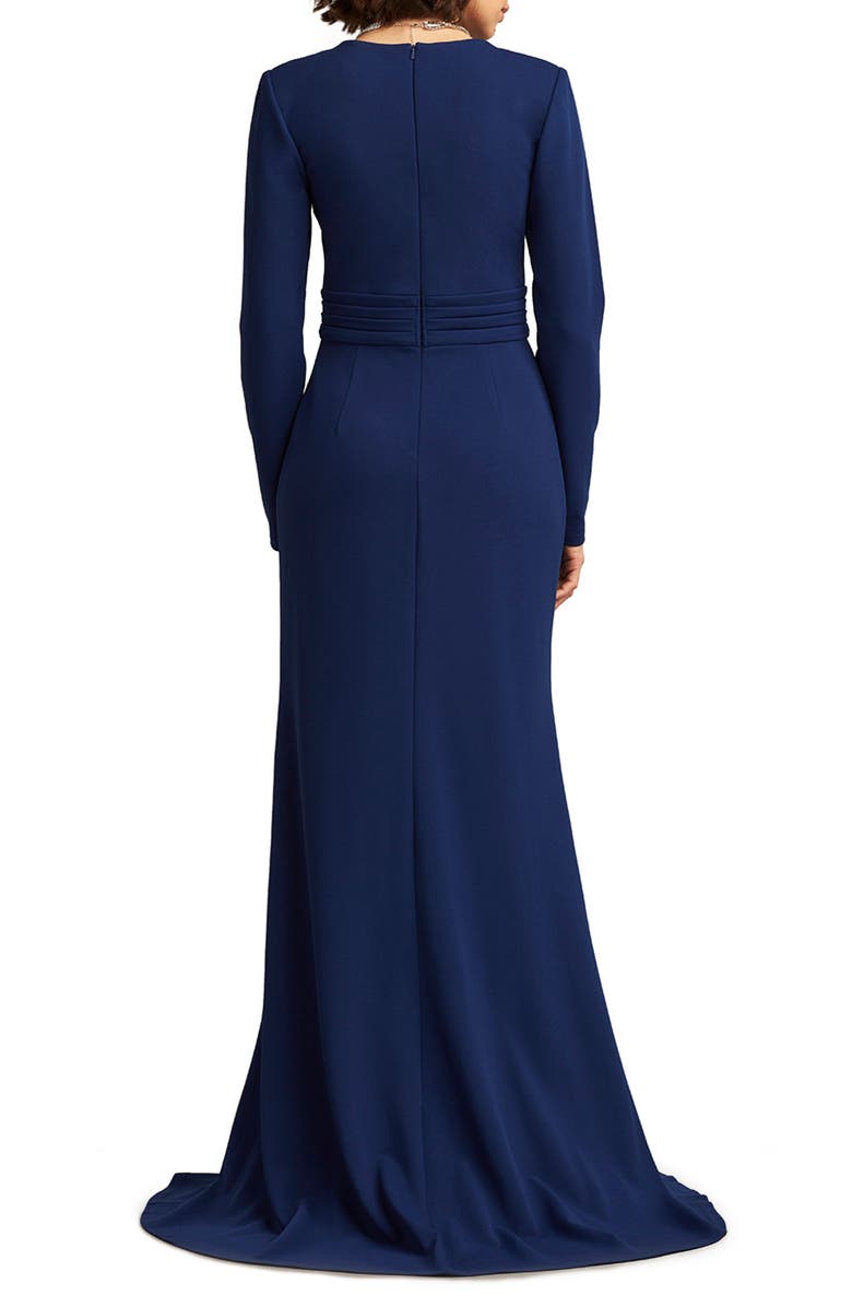 Tadashi Shoji Plunge Neck Long Sleeve Ruched Crepe Gown, Alternate, color, 