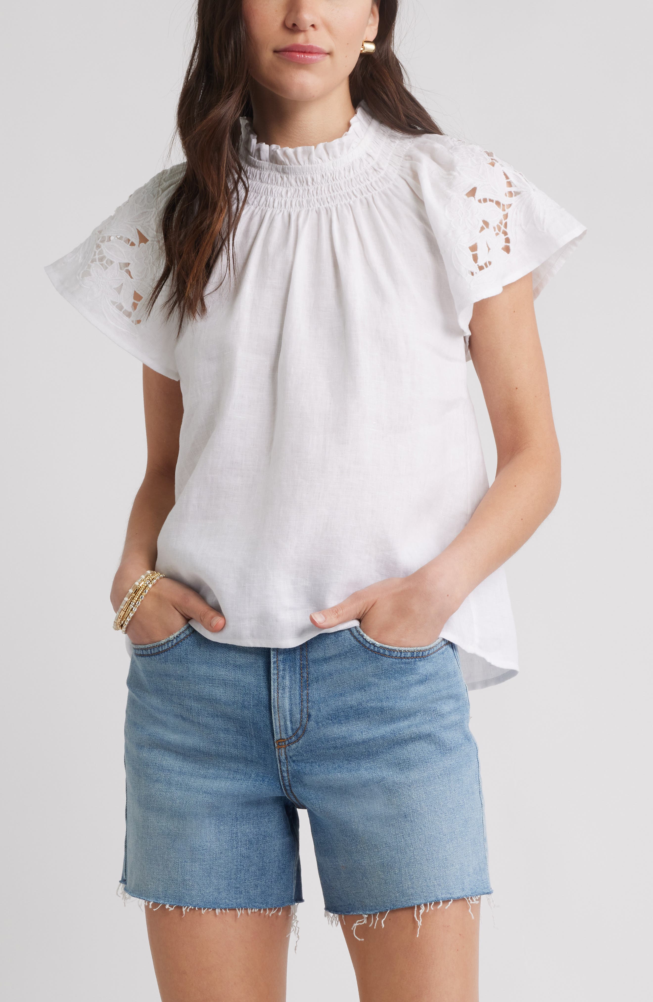 Caslon® Embroidered Cutwork Linen Popover Top