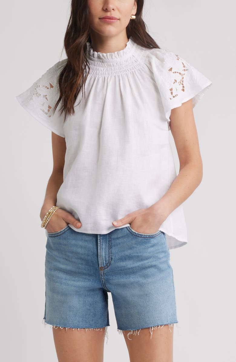 Caslon<sup>®</sup> Embroidered Cutwork Linen Popover Top, Main, color, White