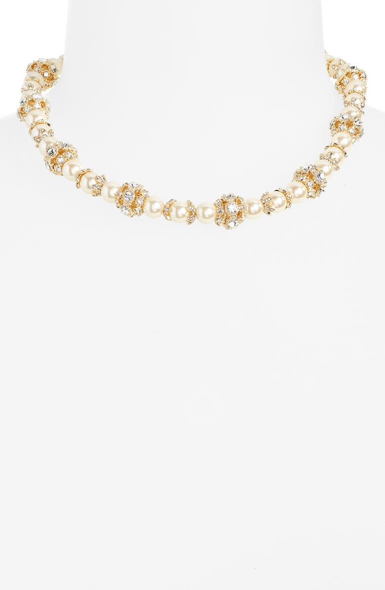 Marchesa Pavé Station Imitation Pearl Collar Necklace, Alternate, color, Gold/ Blush/ Cry