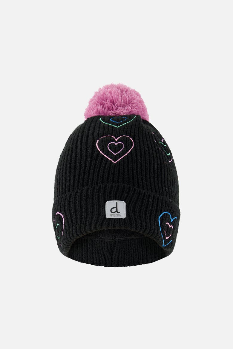 Winter Embroidered Heart Fleece-Lined Pompom Knit Hat, Main, color, Black, Mauve and Blue