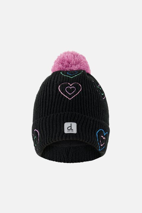 Winter Embroidered Heart Fleece-Lined Pompom Knit Hat