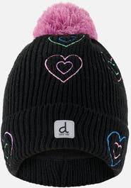 Deux par Deux Winter Embroidered Heart Fleece-Lined Pompom Knit Hat