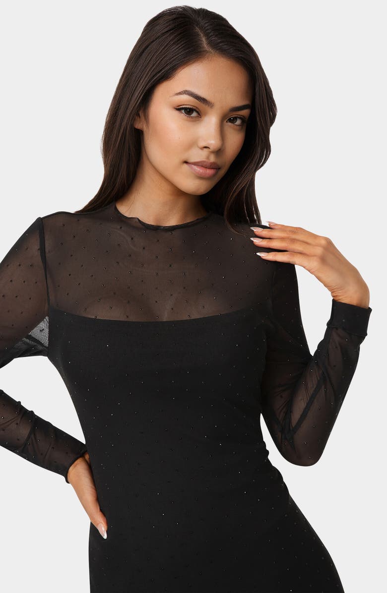 bebe Rhinestone Mesh Long Sleeve Body-Con Dress, Alternate, color, Black