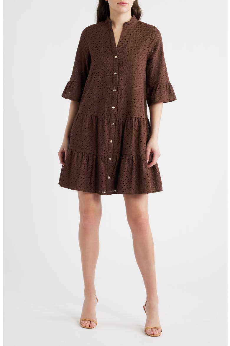 Eyelet Tiered Dress, Main, color, DARK CHOCOLATE
