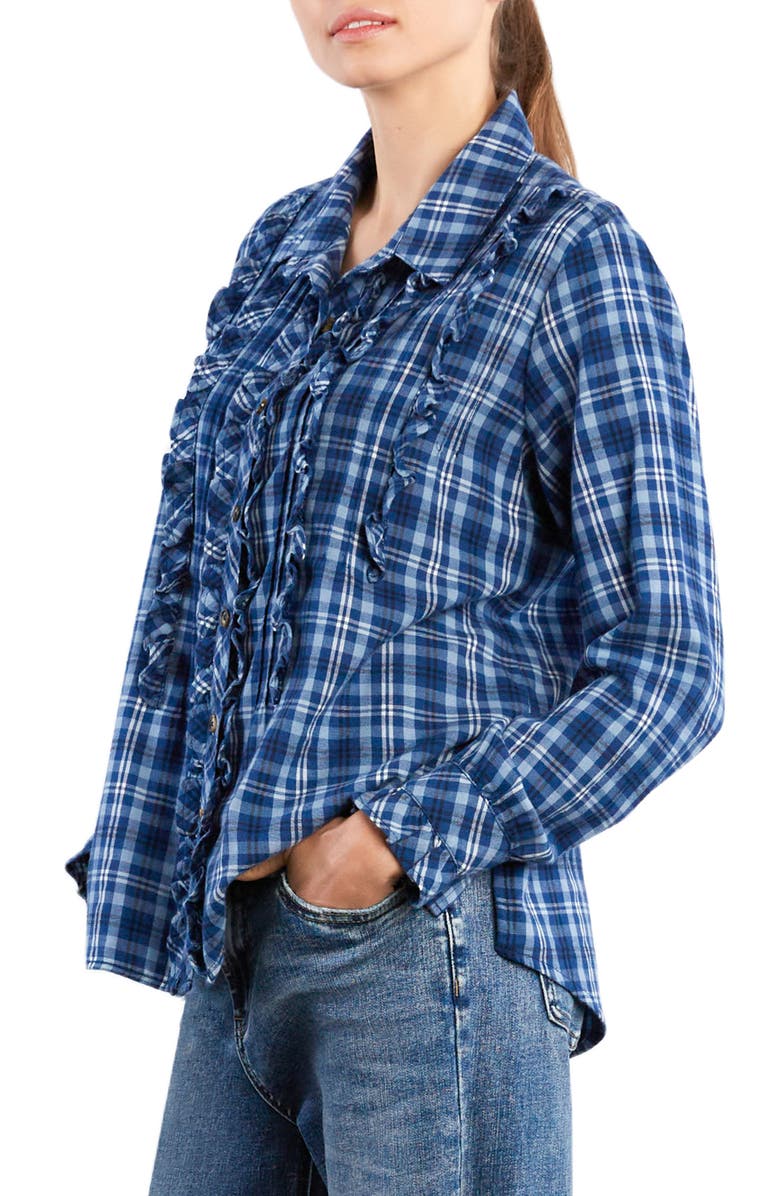 Billy T Plaid Ruffle Cotton Button-Up Shirt, Alternate, color, Blue Denim Plaid