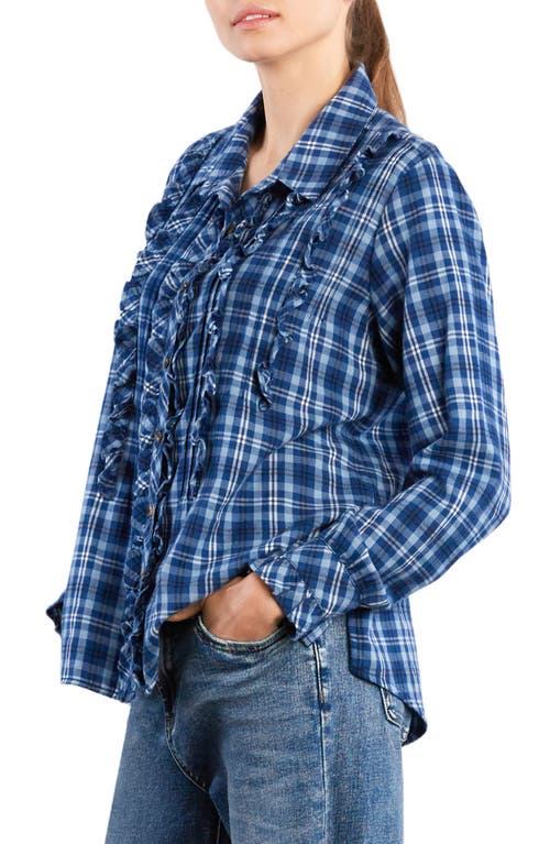 Billy T Plaid Ruffle Cotton Button-up Shirt In Blue