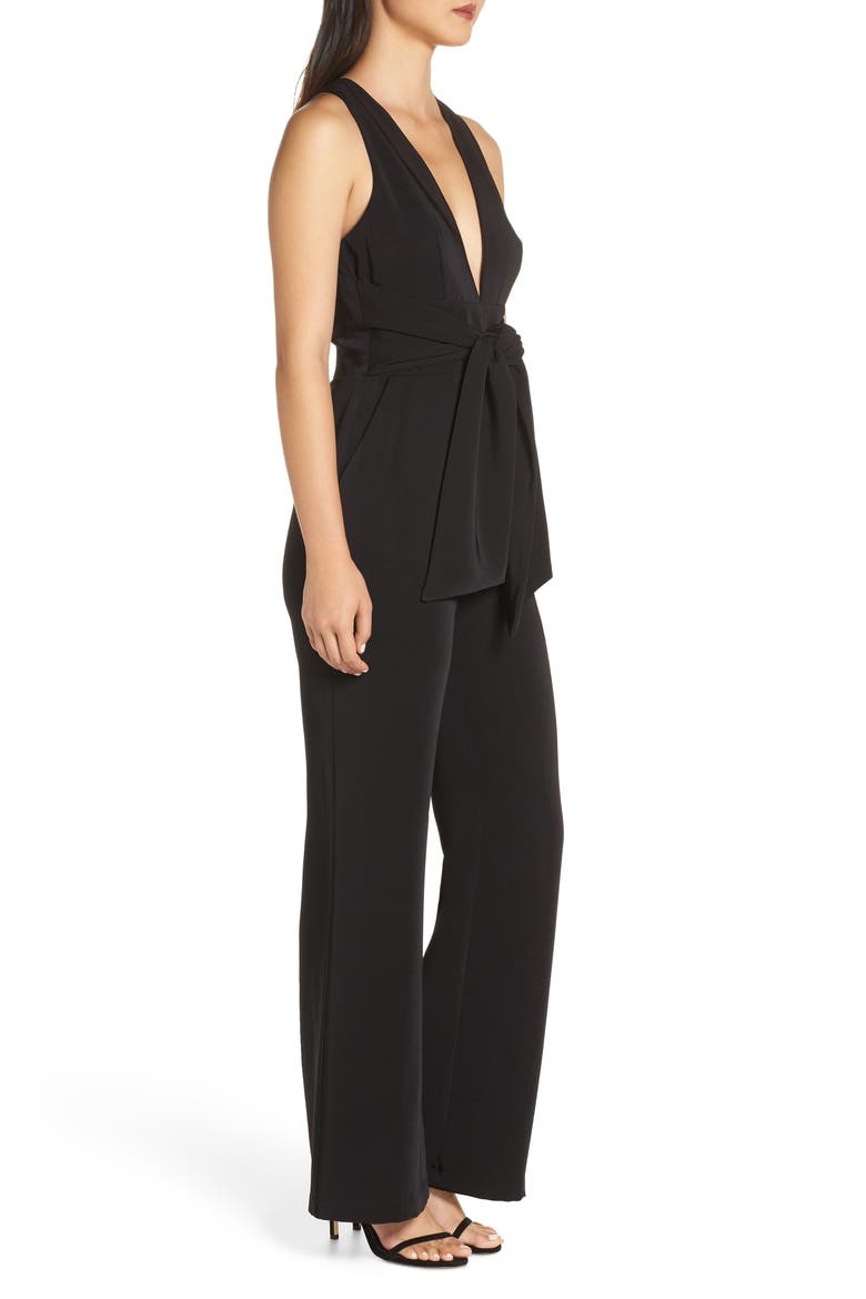 Plunge Neck Tie Waist Jumpsuit, Alternate, color, BLACK