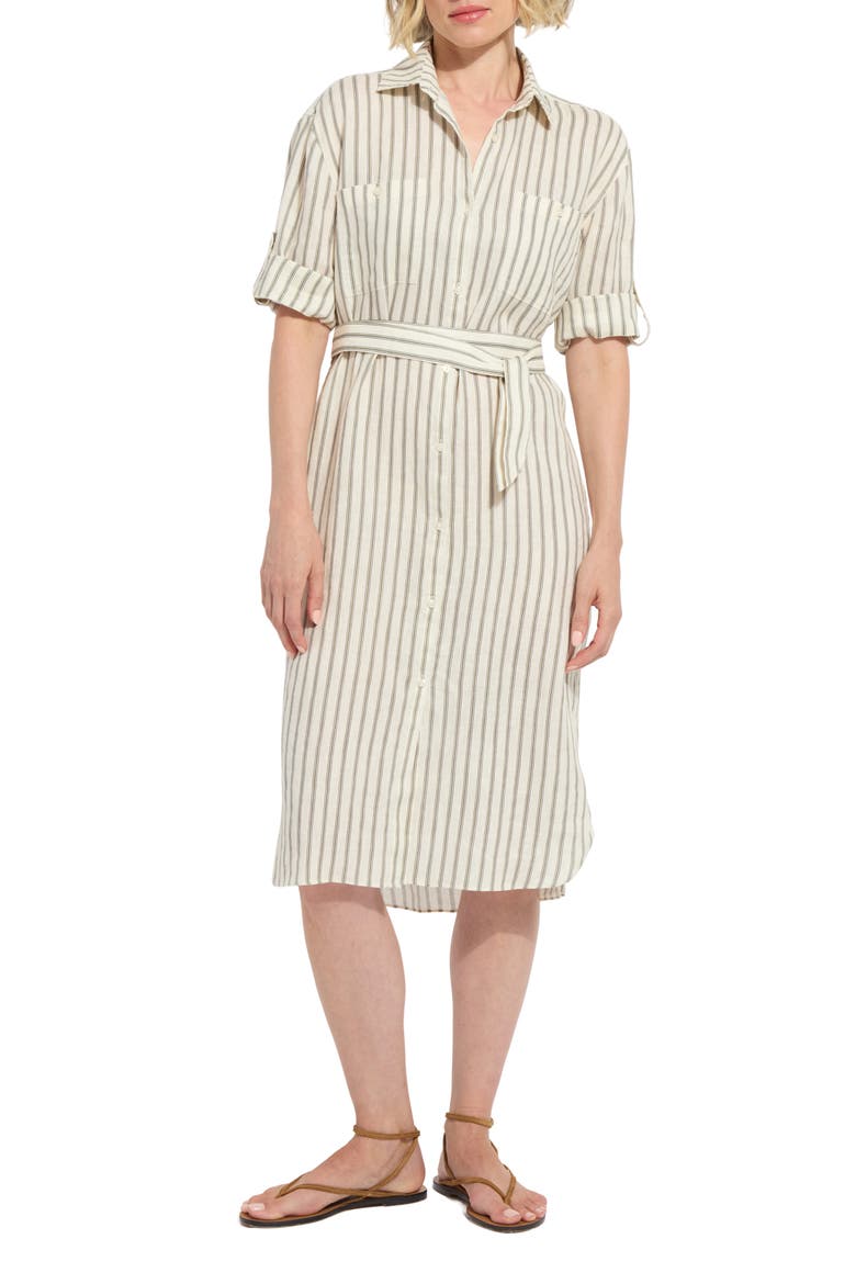 Juniper Stripe Belted Linen Shirtdress, Main, color, OLIVE GROVE STRIPE