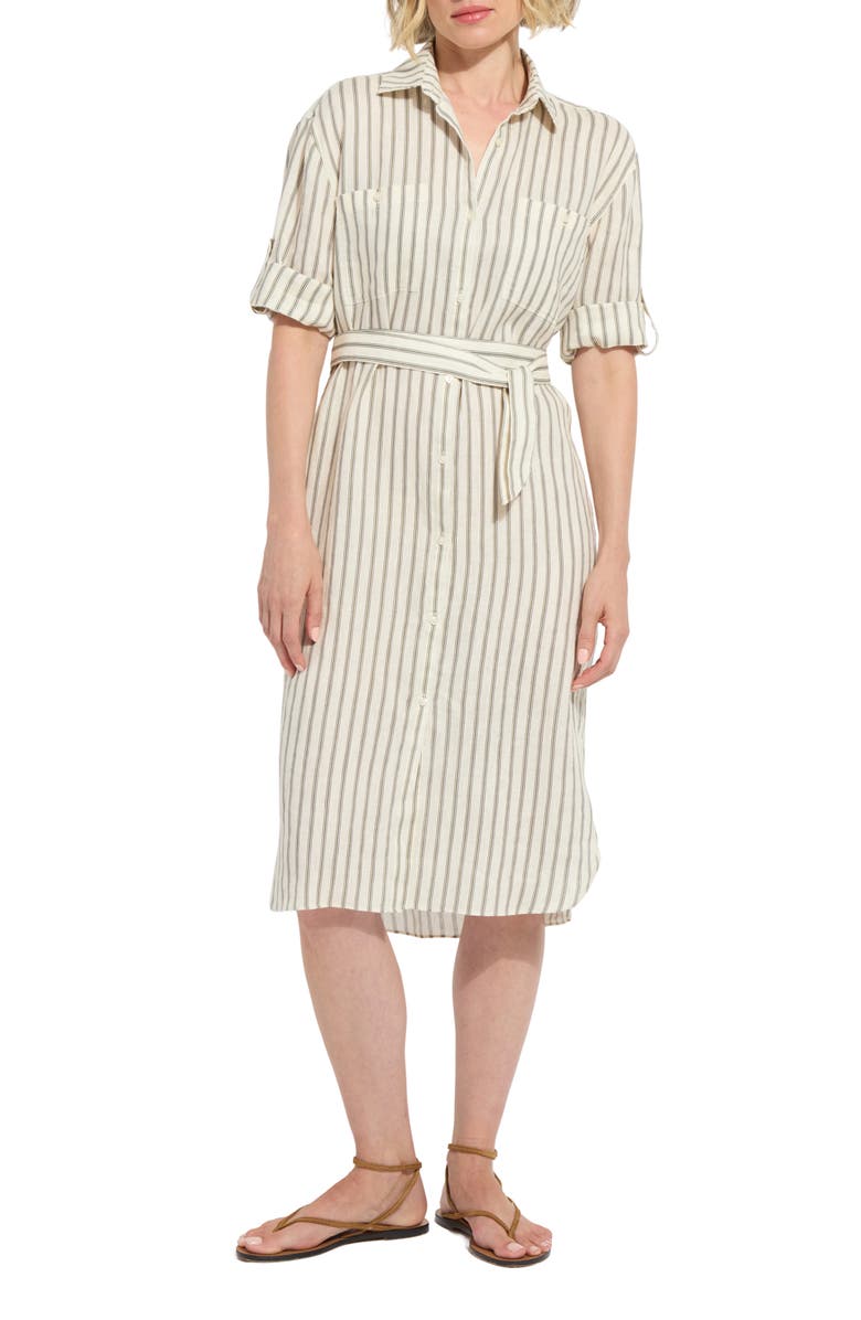Lysse Juniper Stripe Belted Linen Shirtdress, Main, color, Olive Grove Stripe