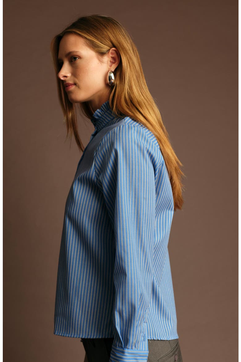 Oscar Ruffle Trim Stripe Cotton Blend Button-Up Shirt, Alternate, color, LIGHT BLUE