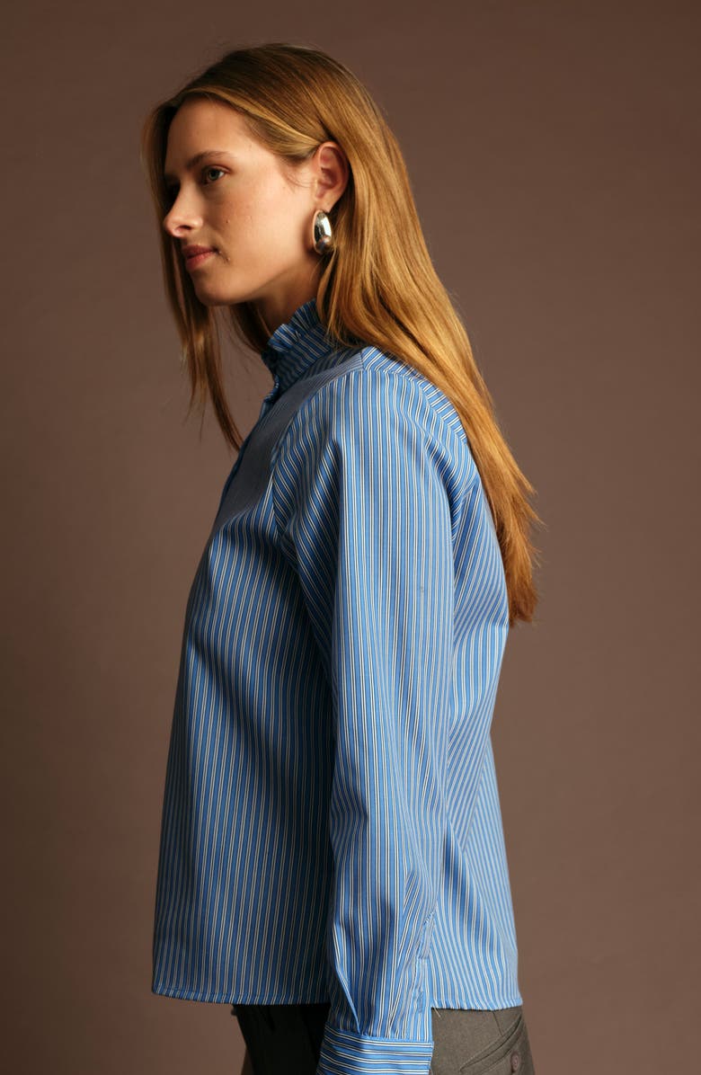 DELUC Oscar Ruffle Trim Stripe Cotton Blend Button-Up Shirt, Alternate, color, Light Blue