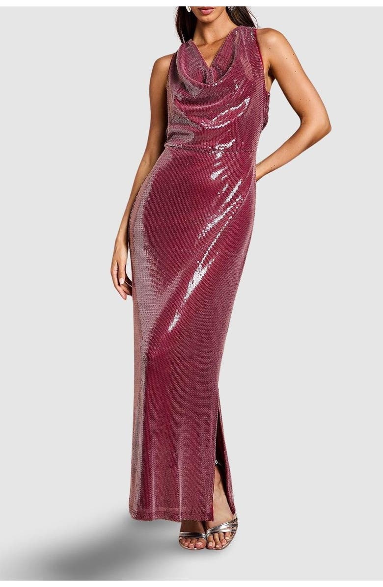 Coast Cowl Front Halter Sequin Maxi Dress, Alternate, color, Plum