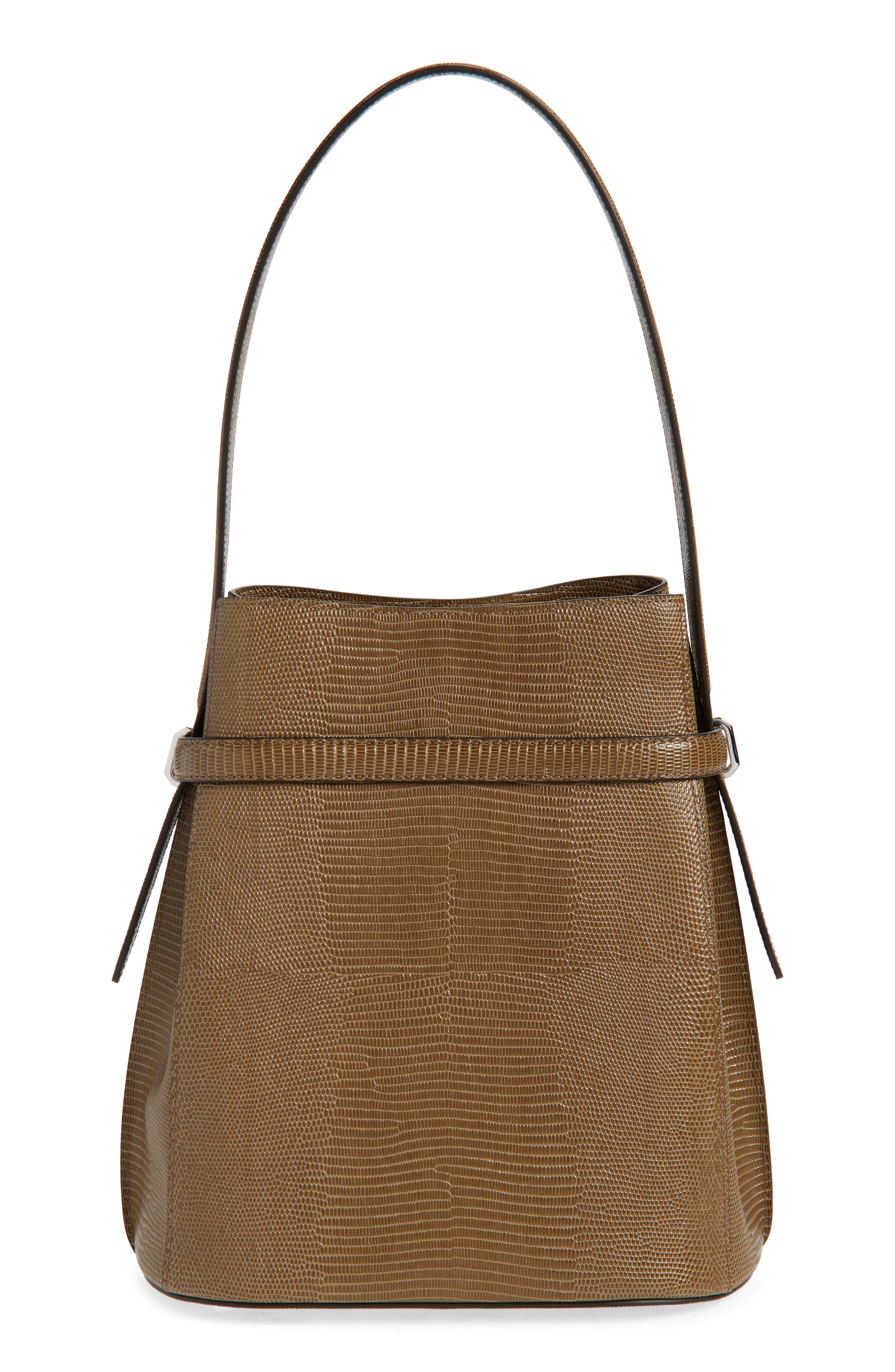 TOTEME Belted Lizard Embossed Leather Bucket Shoulder Bag, Alternate, color, Dark Olive