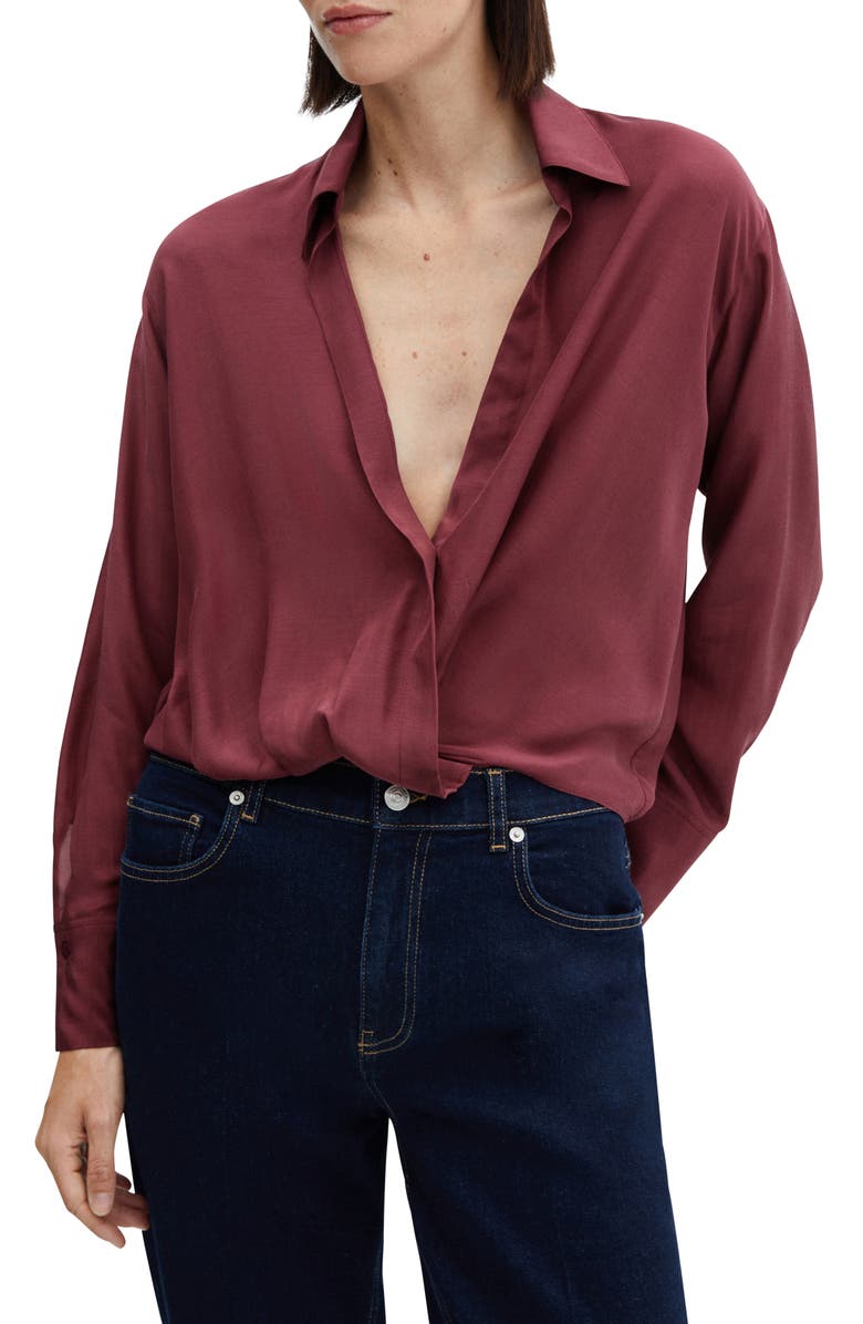 MANGO Long Sleeve Faux Wrap Top, Main, color, Burgundy