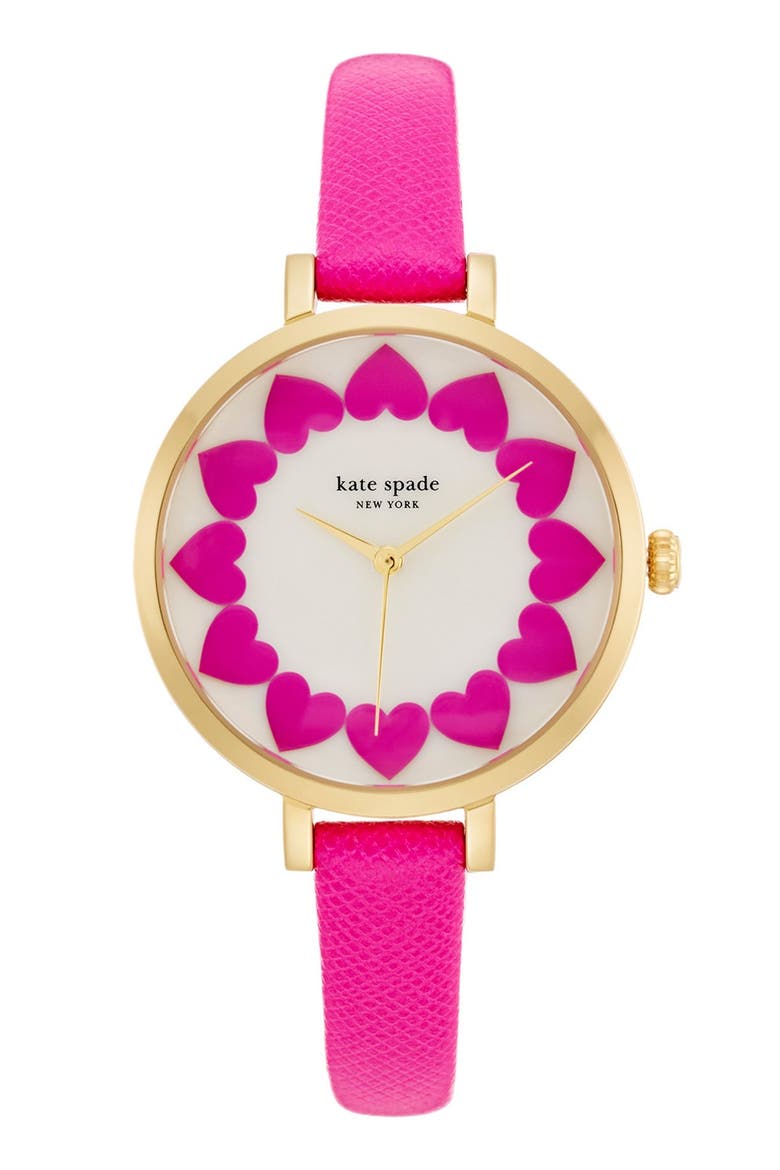 'metro' heart dial leather strap watch, 34mm, Main, color, PINK/ GOLD
