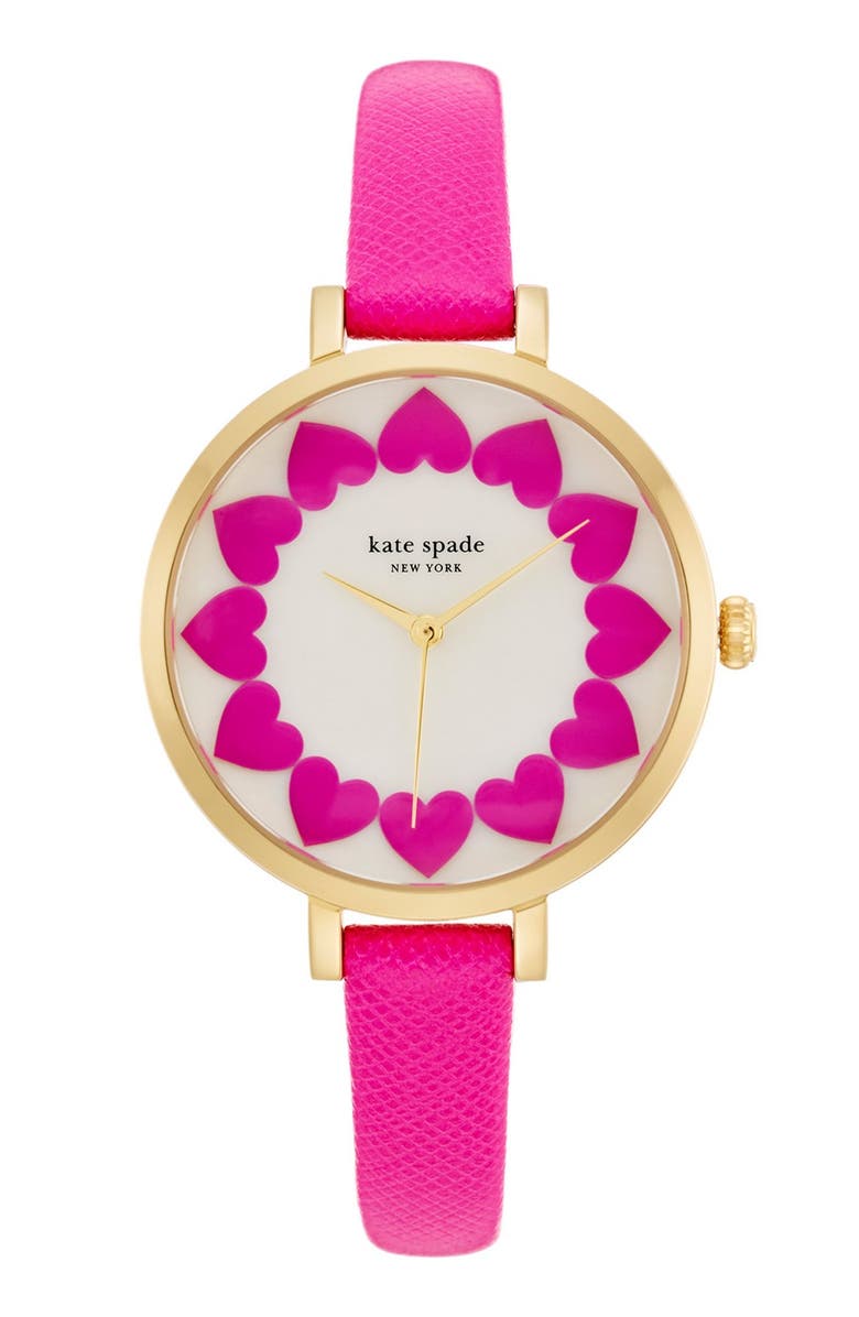 Kate Spade New York 'metro' heart dial leather strap watch, 34mm, Main, color, 
