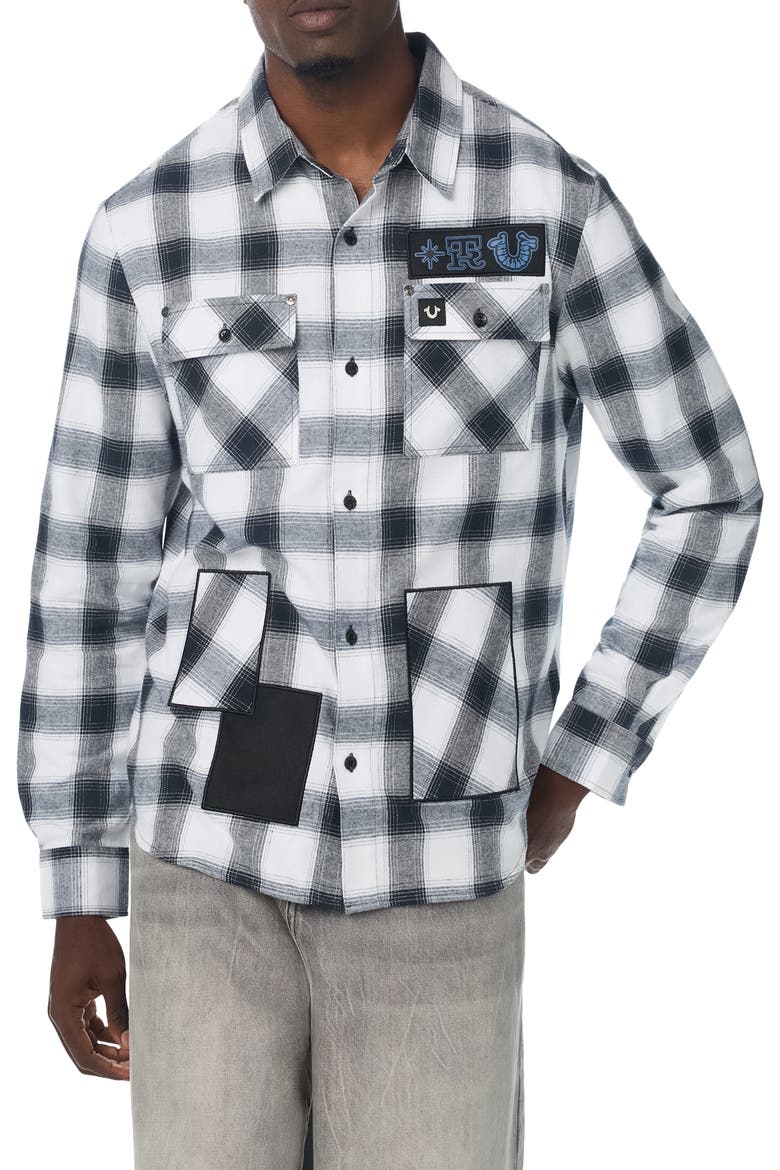 Appliqué Plaid Cotton Shirt, Main, color, WHITE / BLACK PLAID