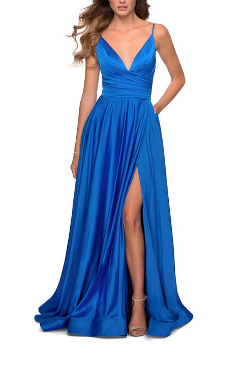 Long Satin Dress with Side Slit and V Shaped Back