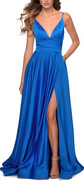 La Femme Long Satin Dress with Side Slit and V Shaped Back