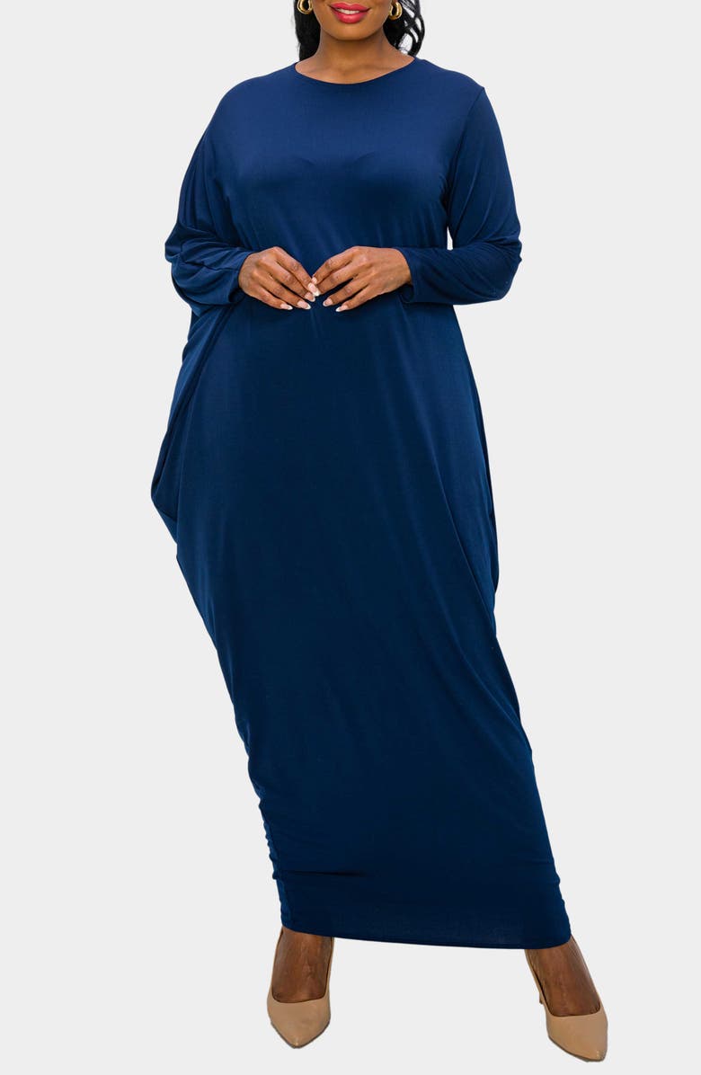 L I V D Louella Asymmetrical Long Sleeve Stretch Maxi Dress, Alternate, color, Navy