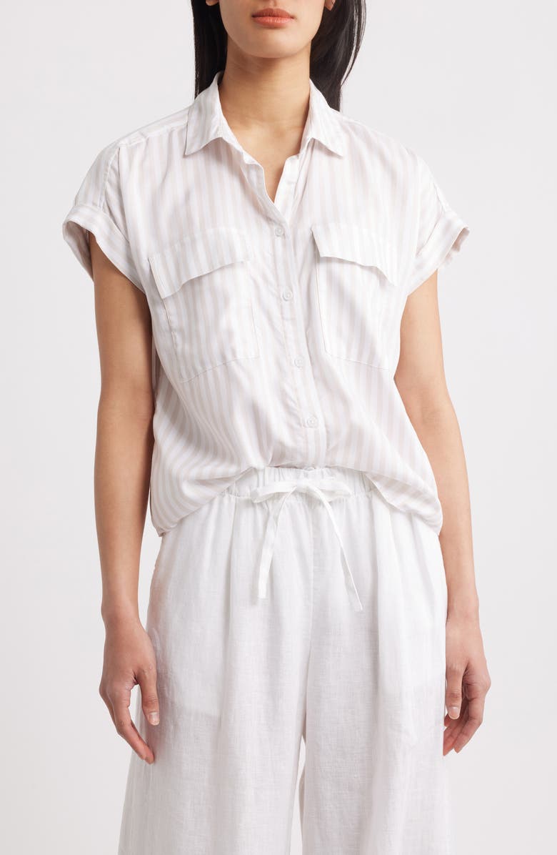 beachlunchlounge Kaiana Stripe Short Sleeve Button-Up Shirt, Main, color, Dry Almond