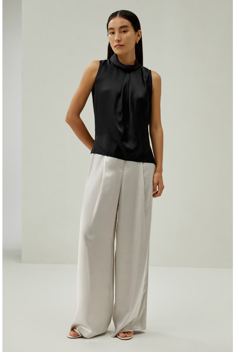 Women's Asymmetrical Sleeveless Cowl Neck Silk Top, Alternate, color, Black