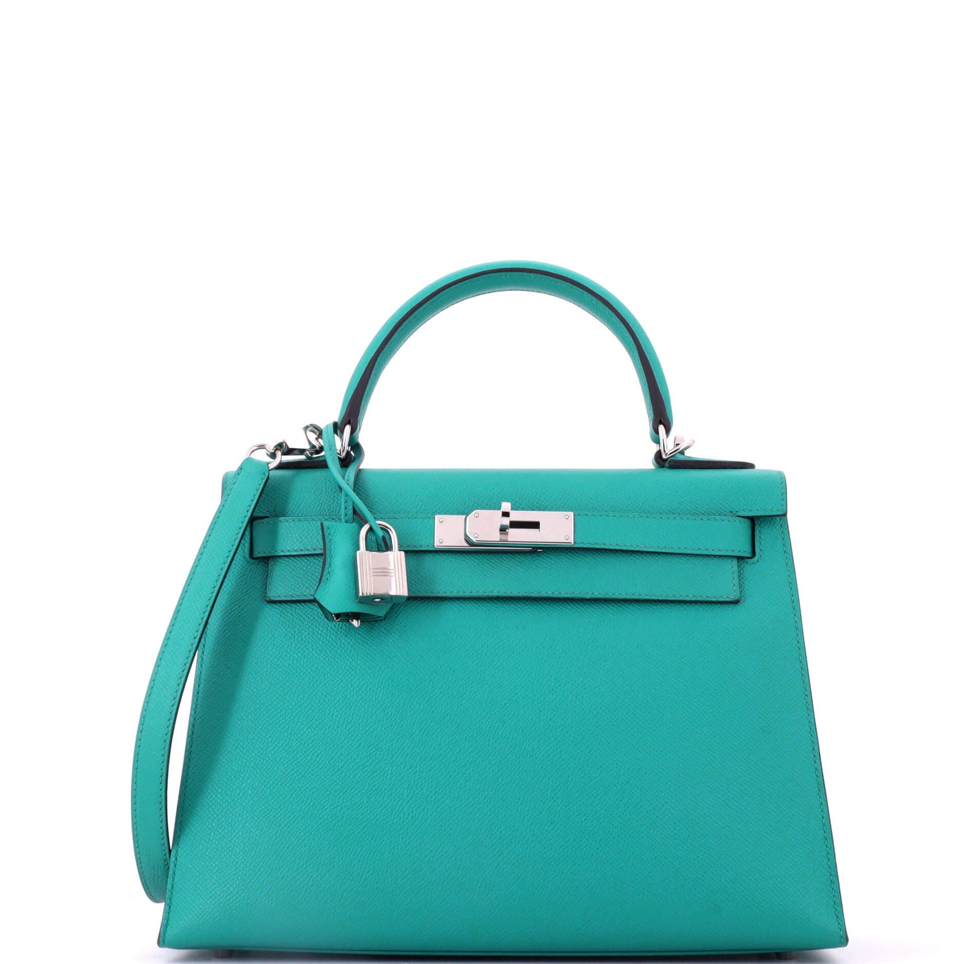Pre-Owned Hermes Kelly Handbag Blue Epsom with Palladium Hardware 28, Main, color, Bleu Paon